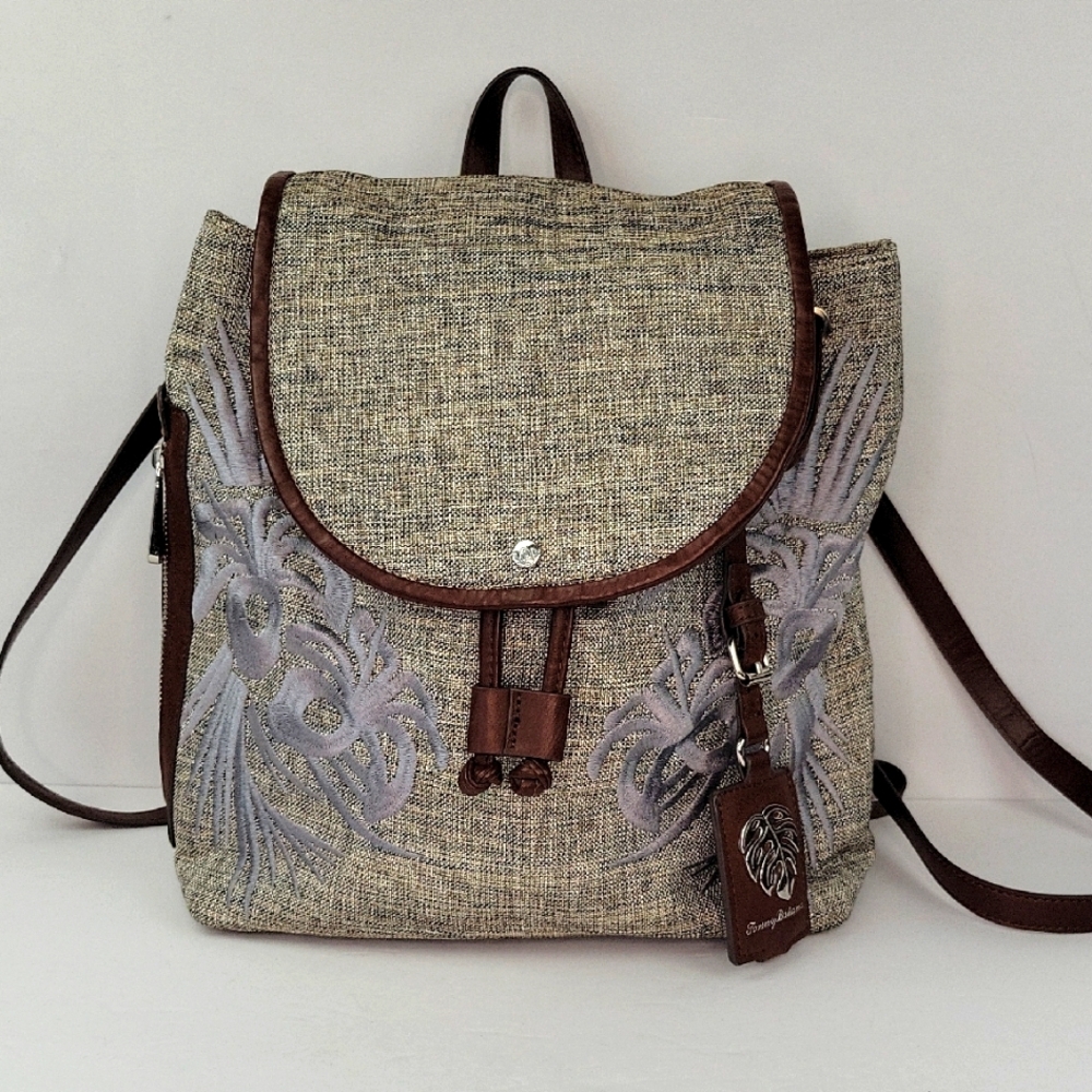 Tommy Bahama Beige and Brown Embroidered Backpack